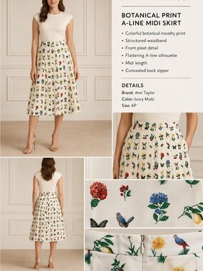 Ann Taylor Ivory Botanical & Butterfly A-Line Midi Skirt
